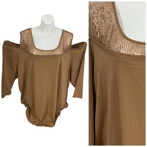 Denim 24/7 Top Womens 4x Brown Sequin Knit Shirt Cold Shoulder Office Casual